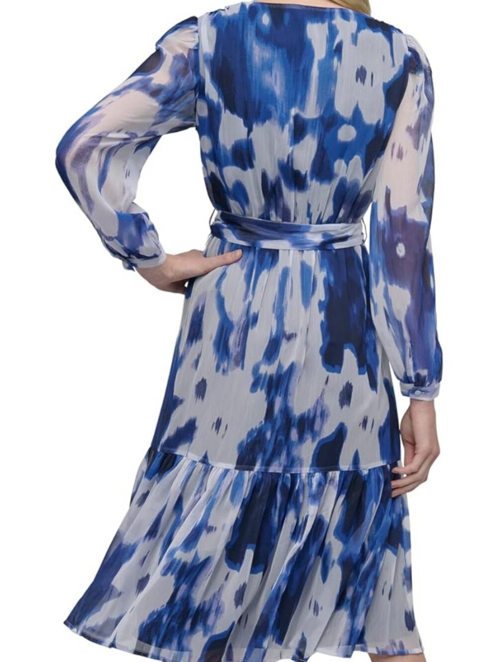 DKNY Abstract Blue Chiffon V-Neck Tie-Waist Midi Dress Size 14 - Picture 3 of 10